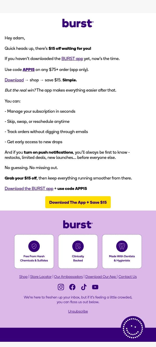Your $15 off code (app only) email from Burst Oral Care screenshot