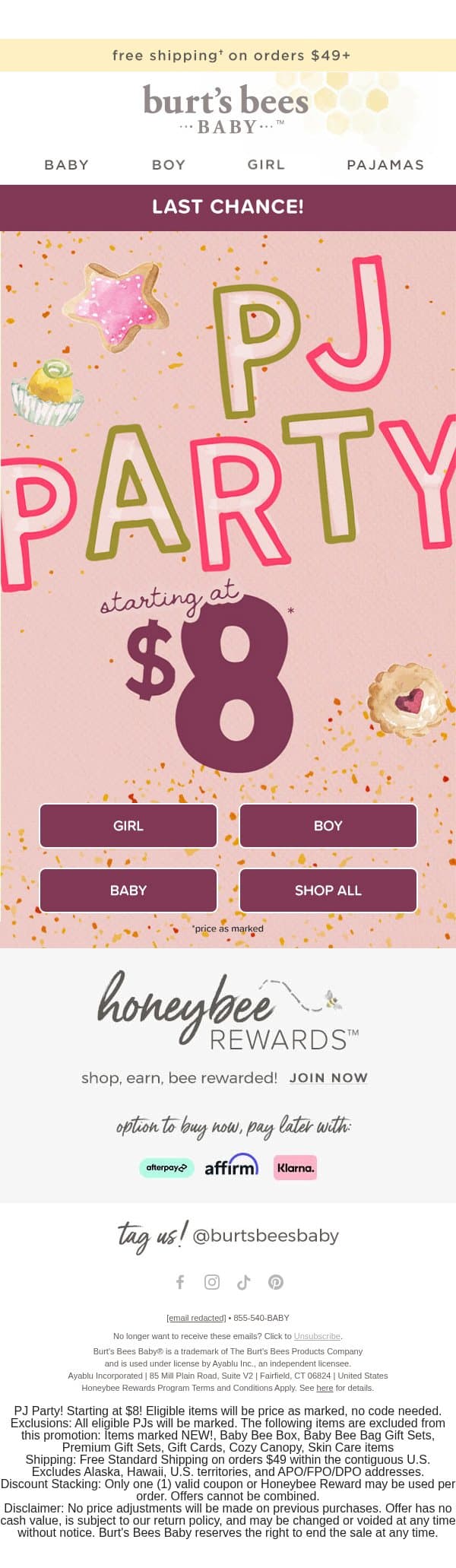 Last Chance! Shop PJs Starting at $8 Before the Party Ends. email from Burt's Bees Baby screenshot