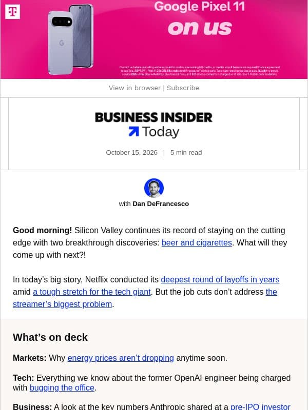 Today: Why layoffs won't fix Netflix email from Business Insider