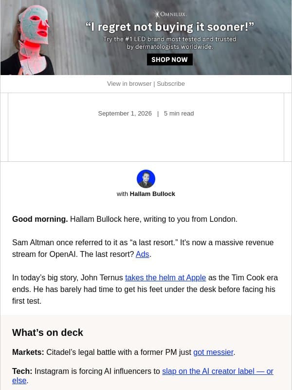 Today: Apple’s new boss has an AI problem email from Business Insider