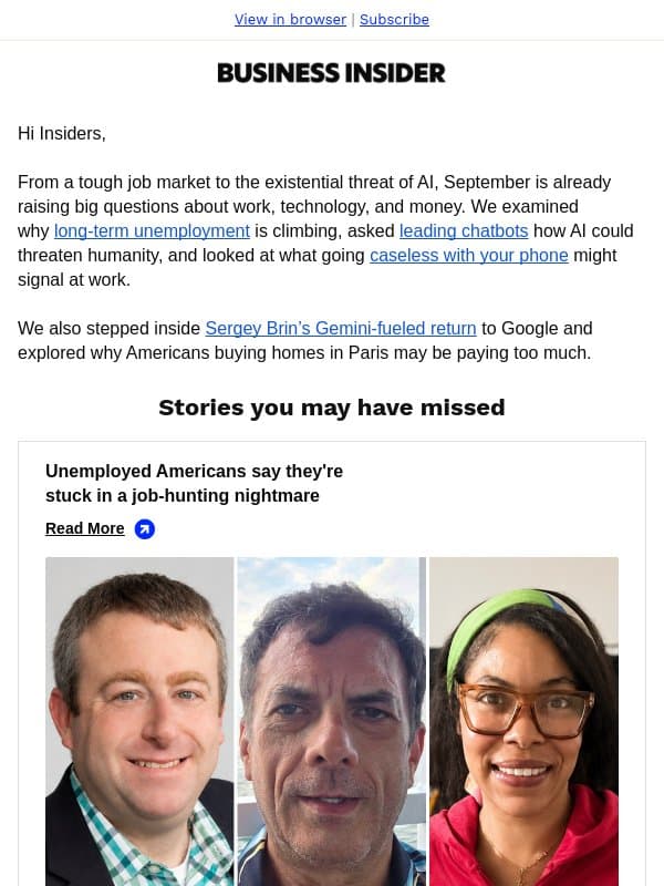 Must reads: Sergey Brin’s return, Paris real estate, & more email from Business Insider