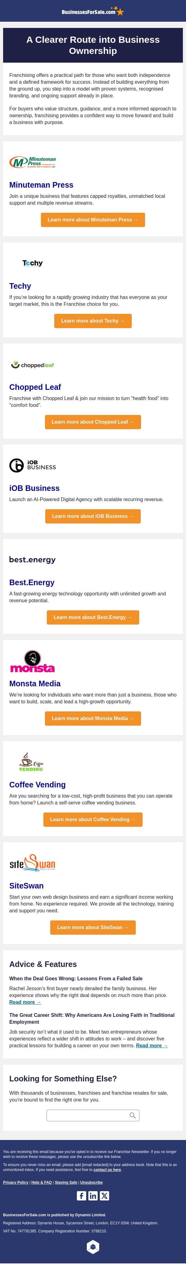A Clearer Route into Business Ownership email from BusinessesForSale.com screenshot
