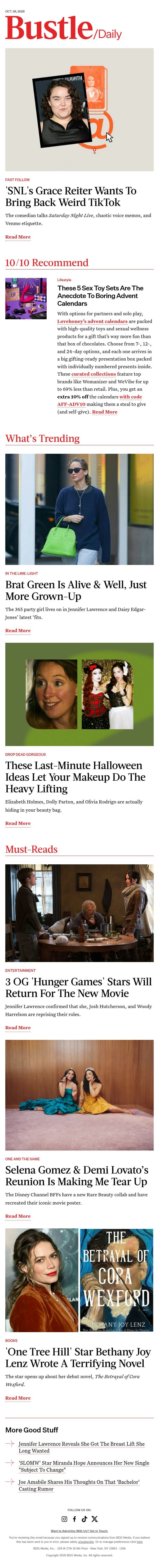 Jennifer Lawrence & Daisy Edgar-Jones Just Brought "Brat Green" Back For Fall 2026 email from Bustle screenshot