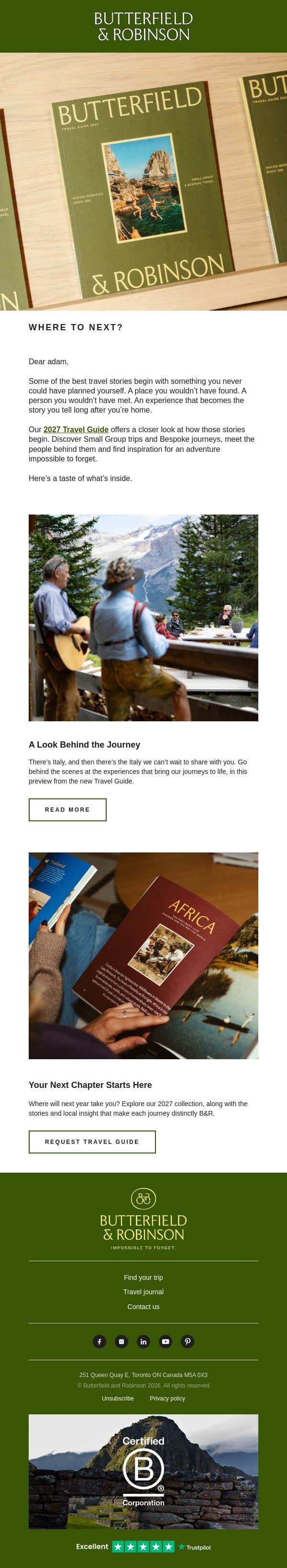 Our 2027 Travel Guide is available now email from Butterfield & Robinson screenshot
