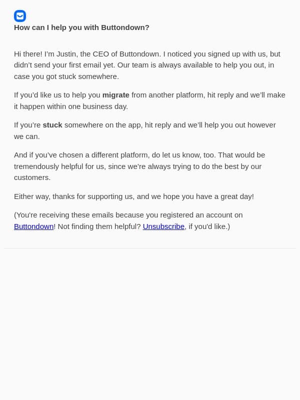 How can I help you with Buttondown? email from Buttondown