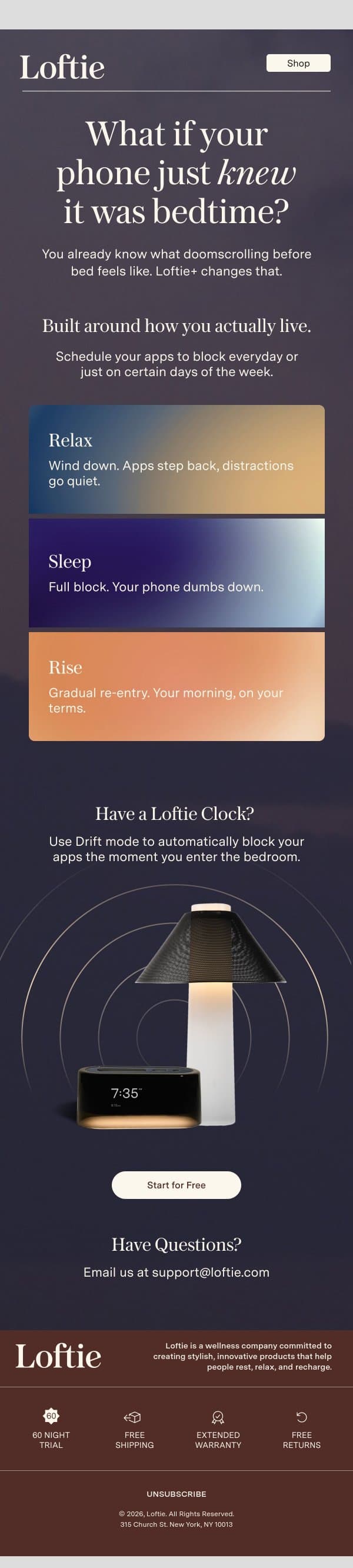 Imagine a phone that respected your sleep ☁️✨ email from Buy Loftie screenshot