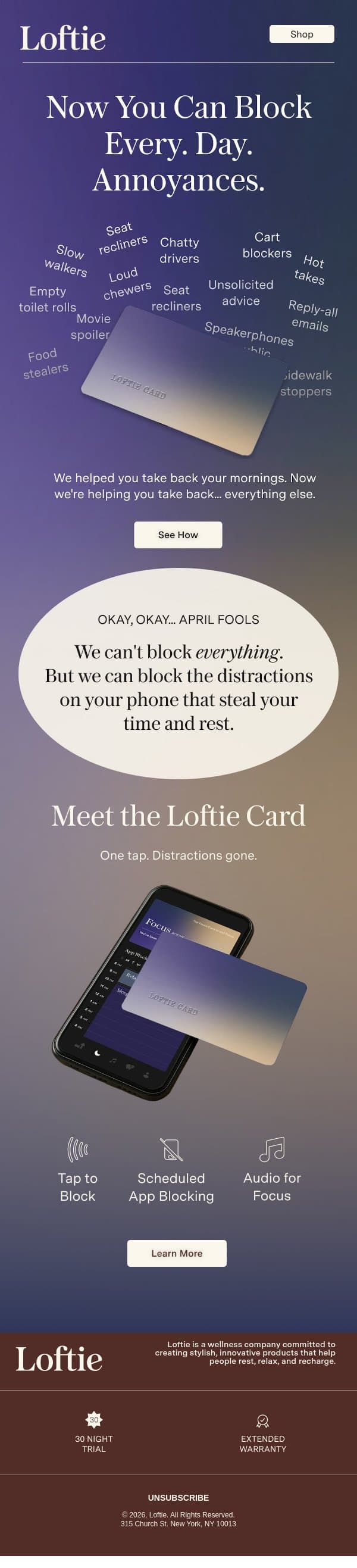 Block apps. Block commutes. Block Mondays. email from Buy Loftie screenshot