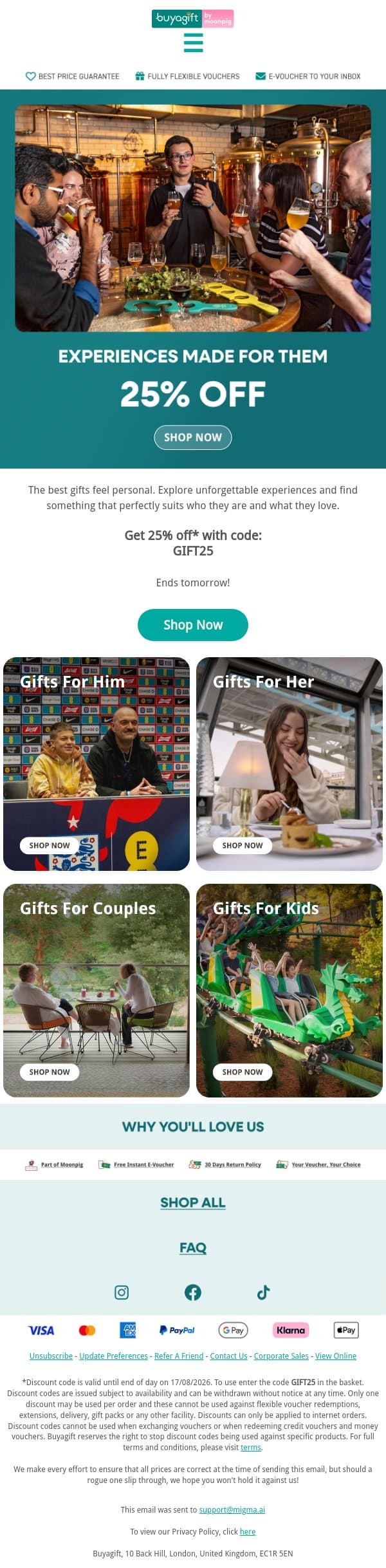 Gifts picked just for them, now 25% off email from Buyagift screenshot