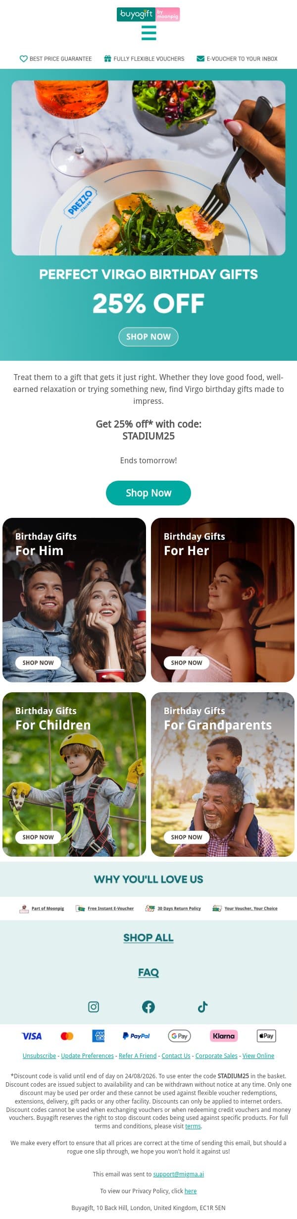 Virgo season is here: 25% off birthday gifts email from Buyagift screenshot