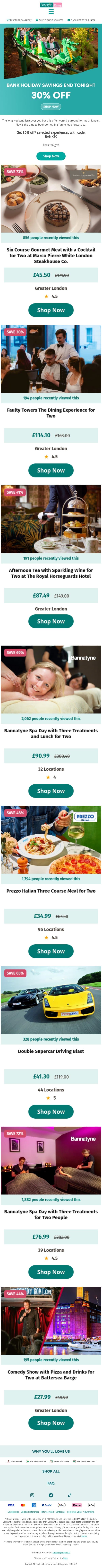 Last chance for 30% off bank holiday savings email from Buyagift screenshot