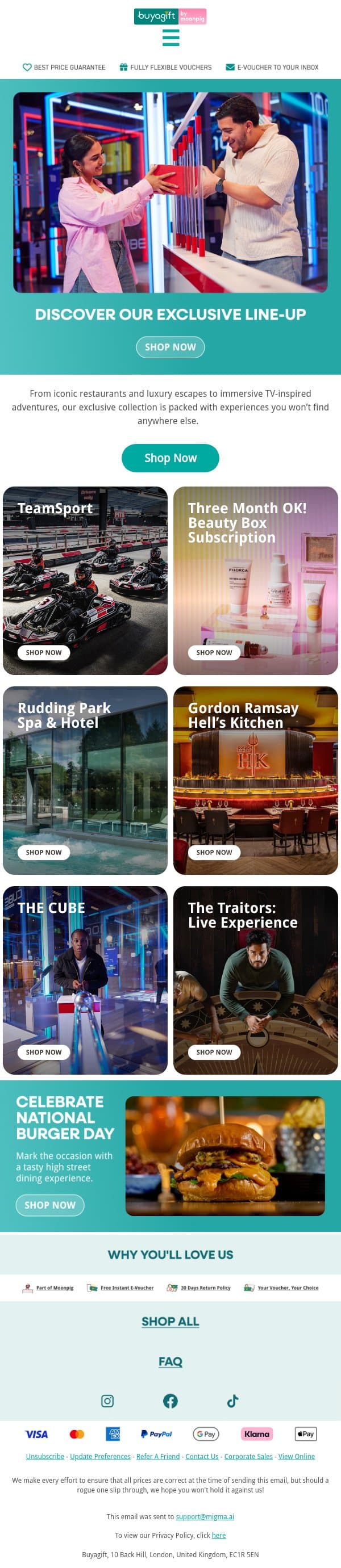 These experiences are exclusive to Buyagift email from Buyagift screenshot