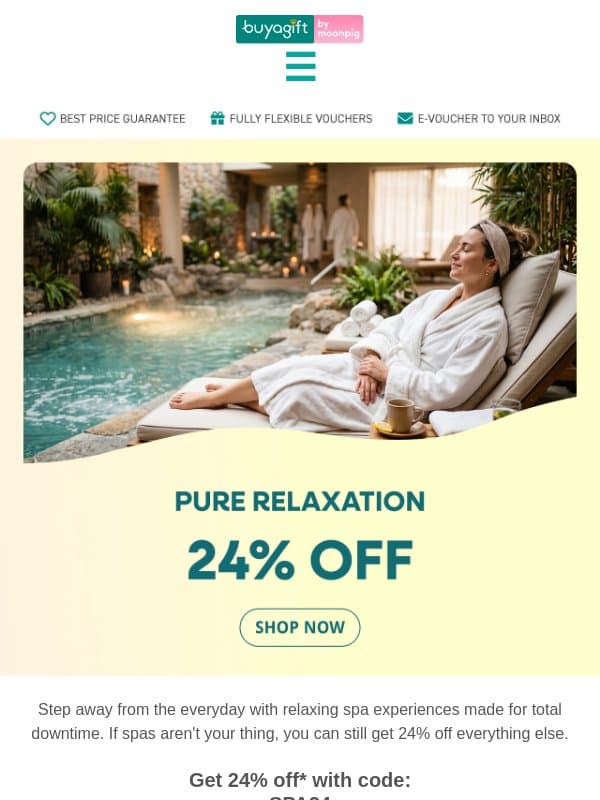 Save 24% on blissful spa escapes email from Buyagift