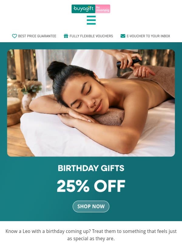 Extra 25% off birthday gifts email from Buyagift