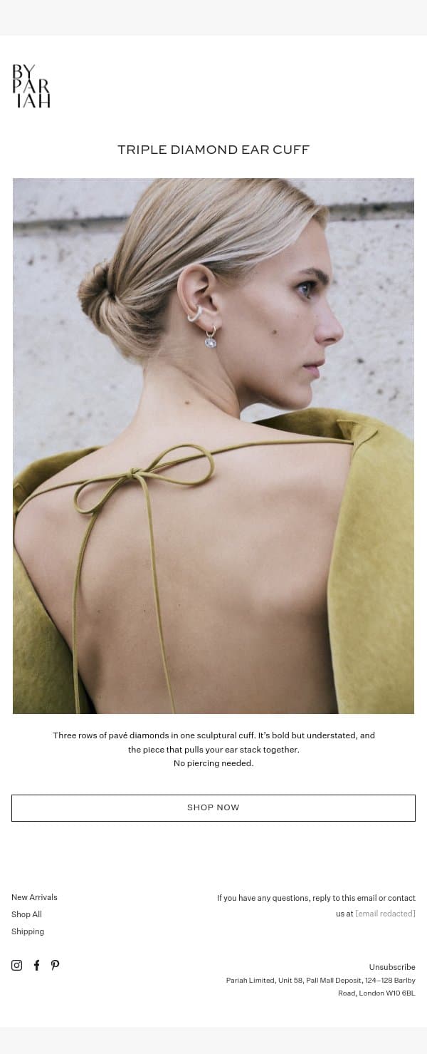 A new look at the Triple Diamond Ear Cuff email from By Pariah screenshot