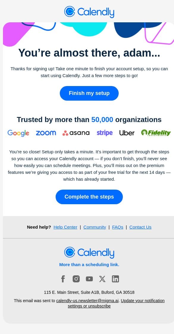 Complete your Calendly account setup email from Calendly screenshot