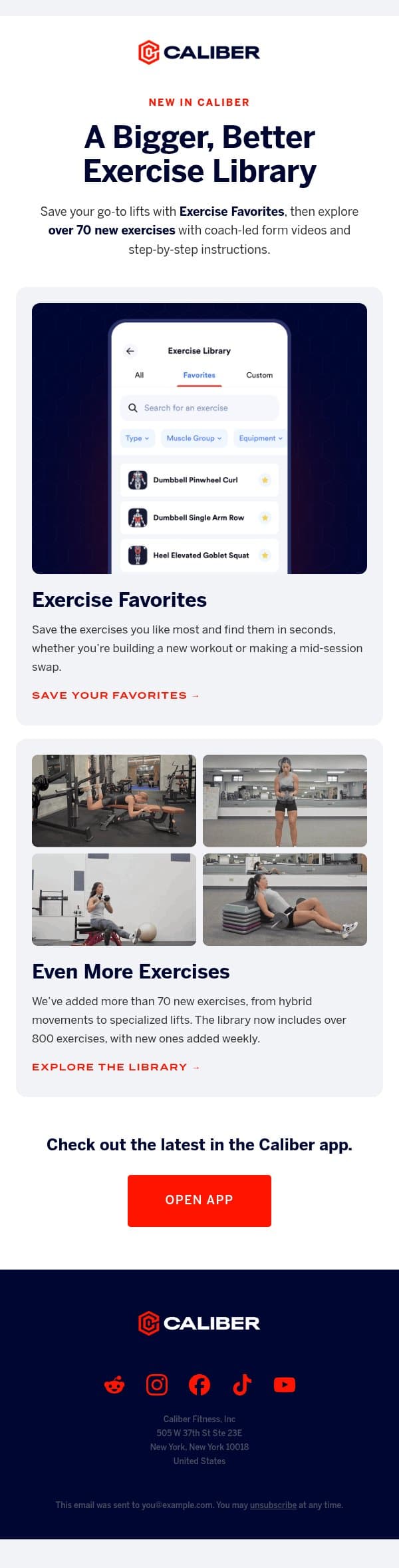 A bigger, better Exercise Library 💪 email from Caliber screenshot