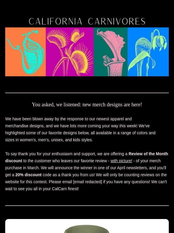 Just added: new merch and plants galore! ๐๐ฅณ email from California Carnivores