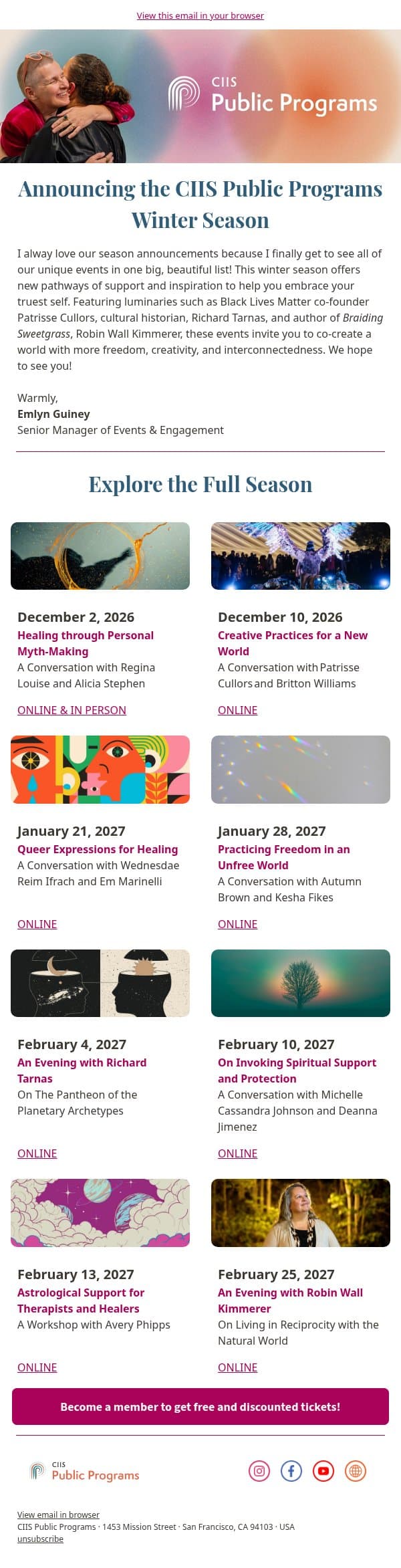 What's Coming Up This Winter at CIIS Public Programs ❄️ email from California Institute of Integral Studies (CIIS) screenshot