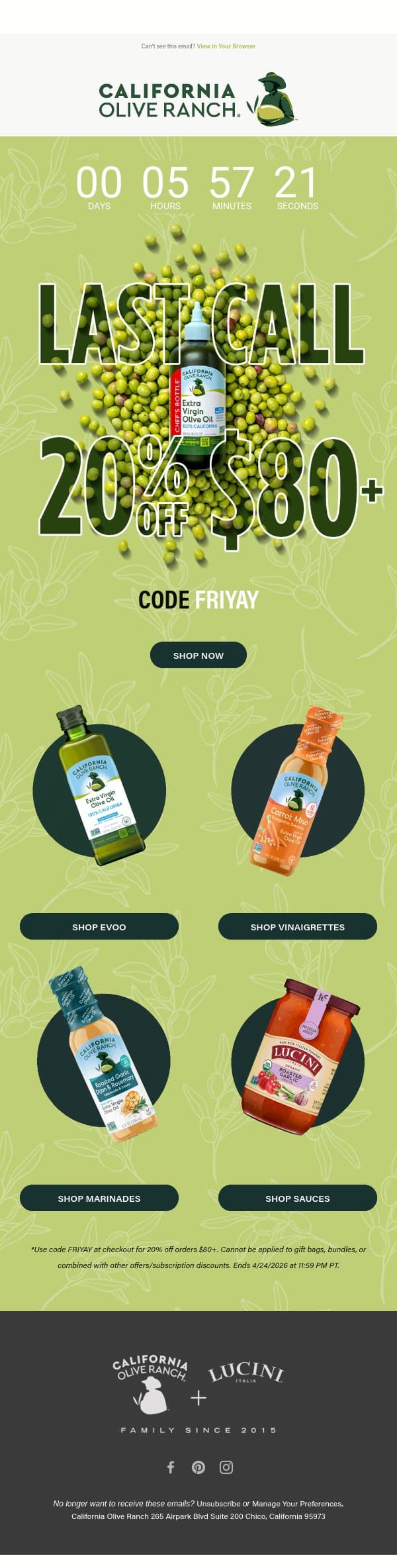 LAST CALL: 20% Off email from California Olive Ranch screenshot
