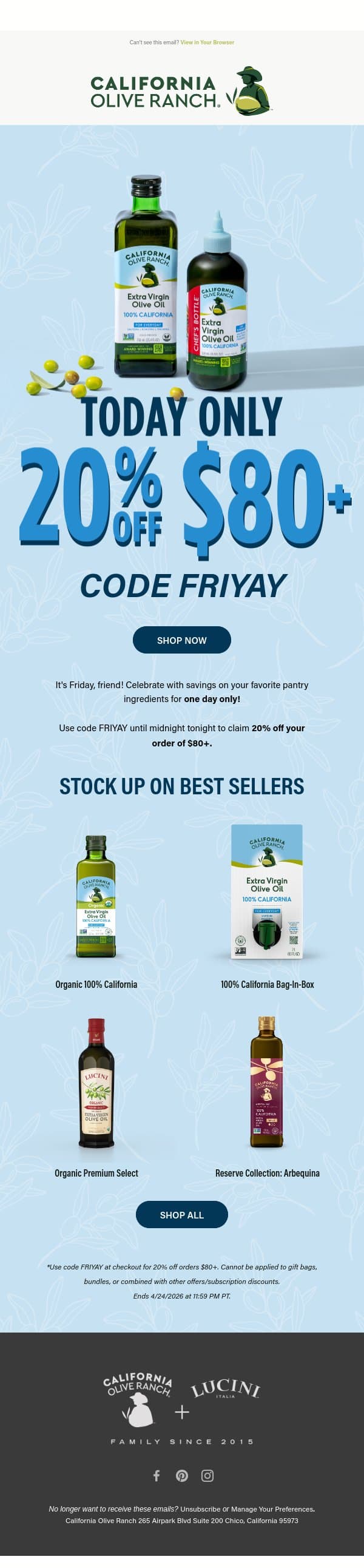 ONE DAY ONLY: 20% Off email from California Olive Ranch screenshot