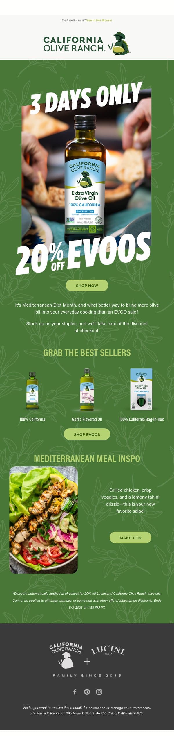 π« 20% Off All EVOOs email from California Olive Ranch screenshot