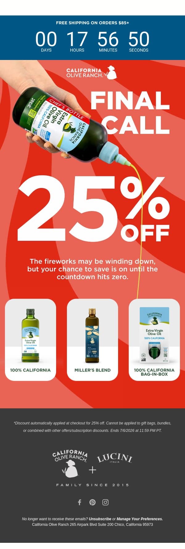 Final hours for 25% off email from California Olive Ranch screenshot