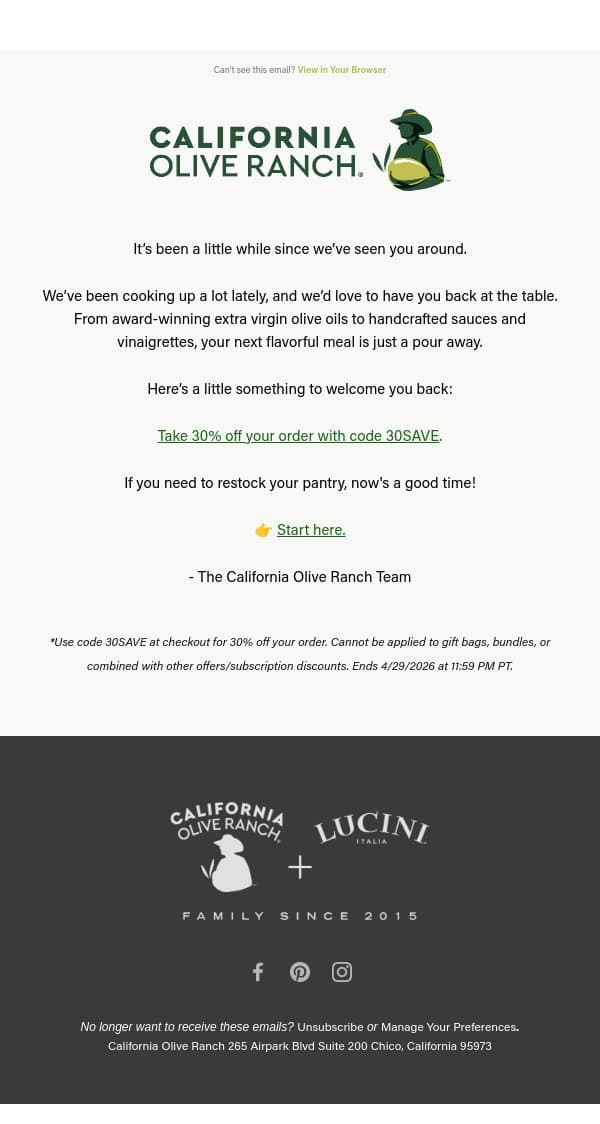 We have something for you, chef! email from California Olive Ranch screenshot