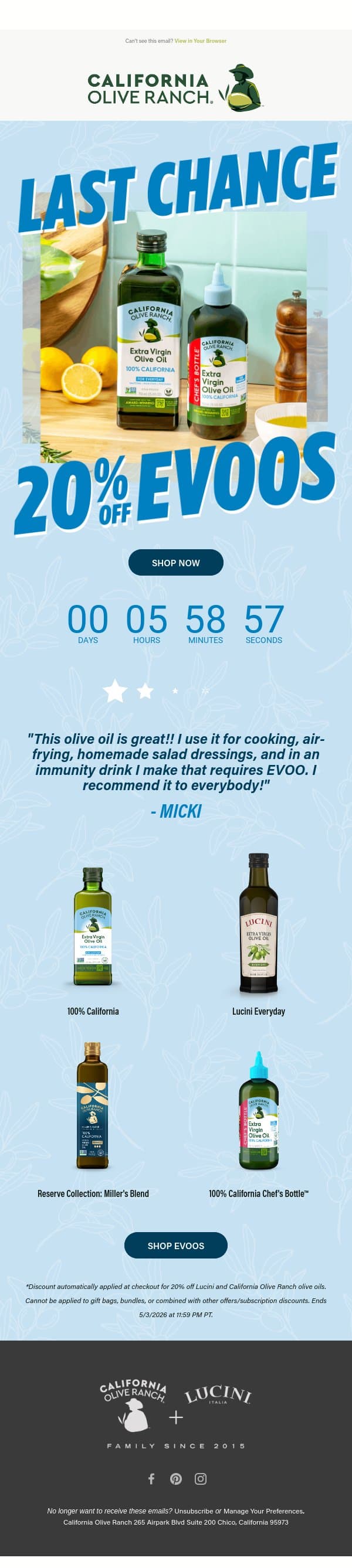FINAL HOURS: 20% off EVOO email from California Olive Ranch screenshot