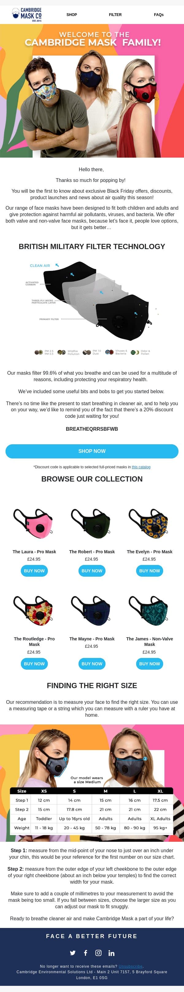 Welcome to Cambridge Mask Co 🤩 email from Cambridge Mask Co. screenshot