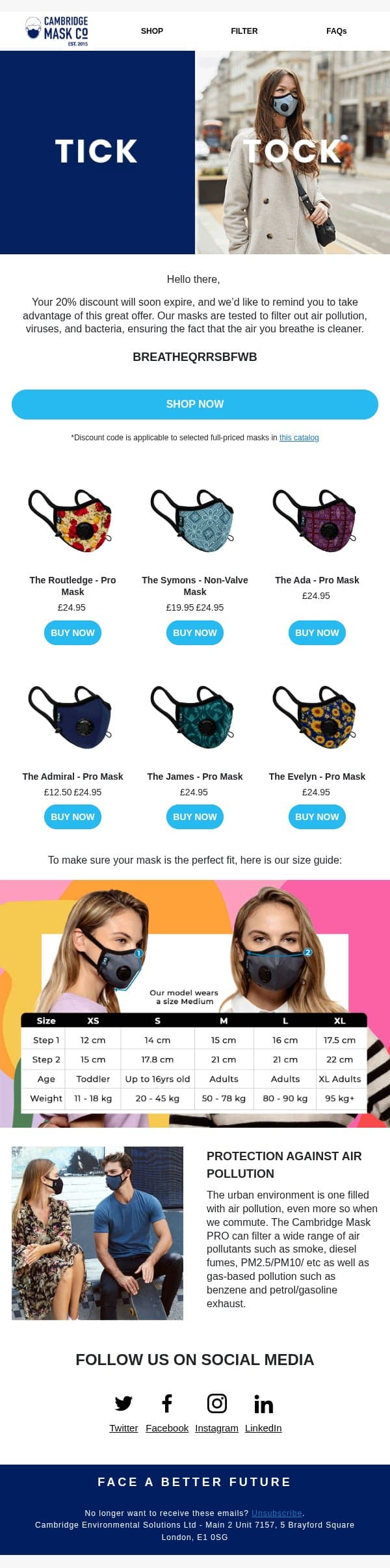 Your promo code is expiring soon⌛ email from Cambridge Mask Co. screenshot