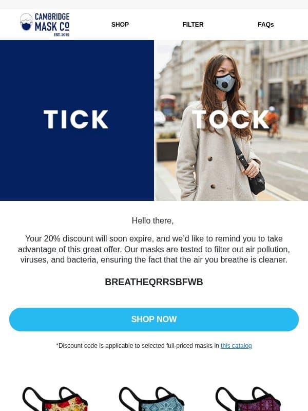 Your promo code is expiring soon⌛ email from Cambridge Mask Co.