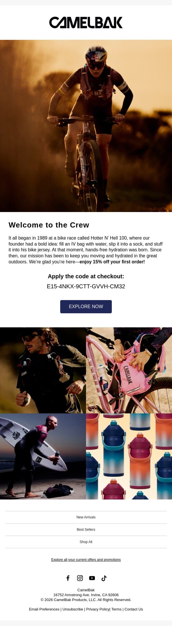 Welcome to CamelBak! Enjoy 15% Off email from CamelBak screenshot
