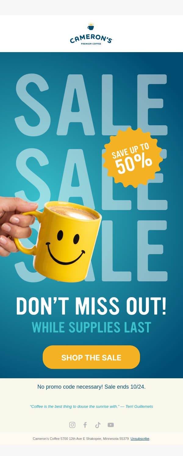 Save up to 50% on Cameron’s sale items! email from Cameron's Coffee Decaf screenshot