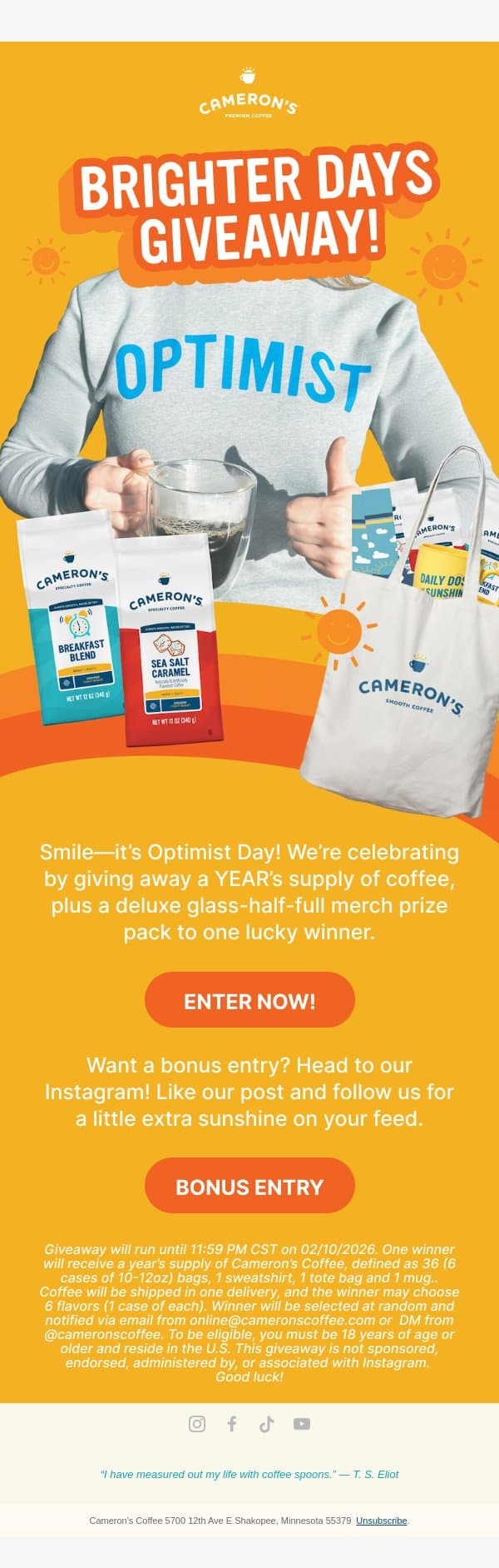 Win Free Coffee + Merch for Optimist Day! ☀️ email from Cameron's Coffee Decaf screenshot