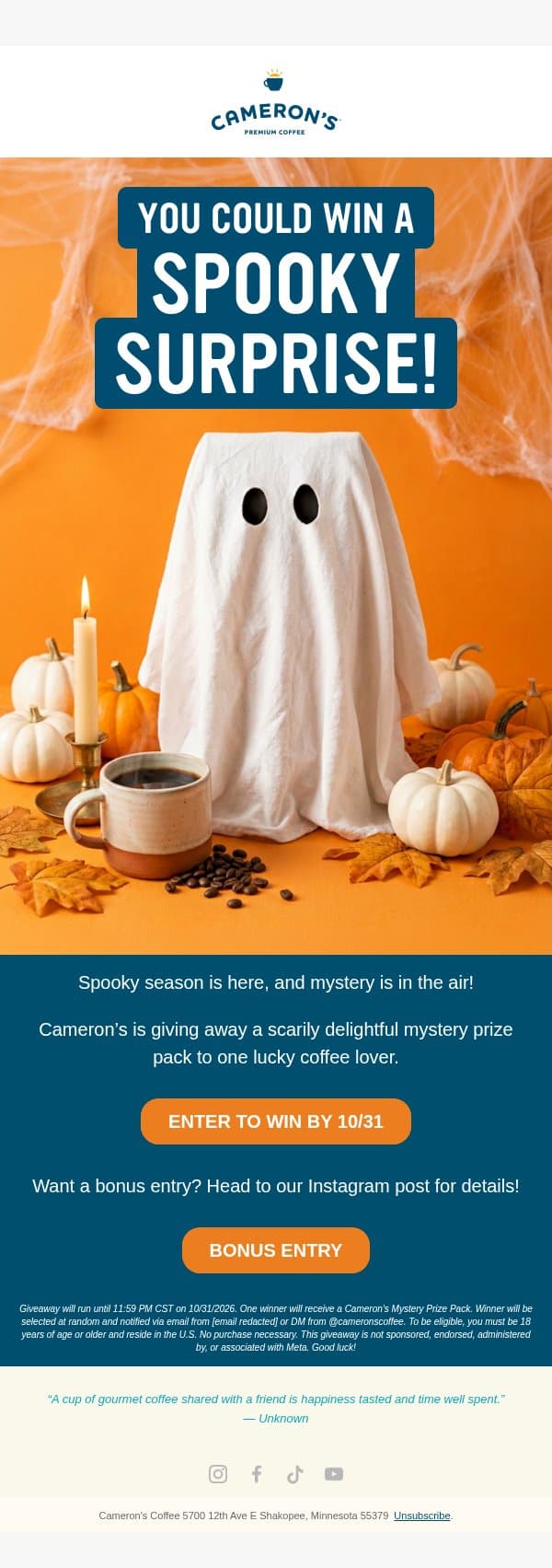 Enter to win a Halloween Mystery Prize pack! email from Cameron's Coffee Decaf screenshot