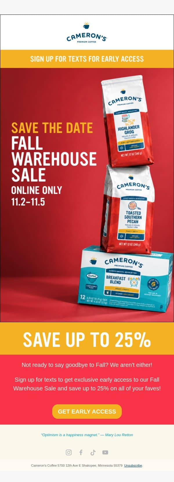 Save the Date π Fall Warehouse Sale! email from Cameron's Coffee Decaf screenshot