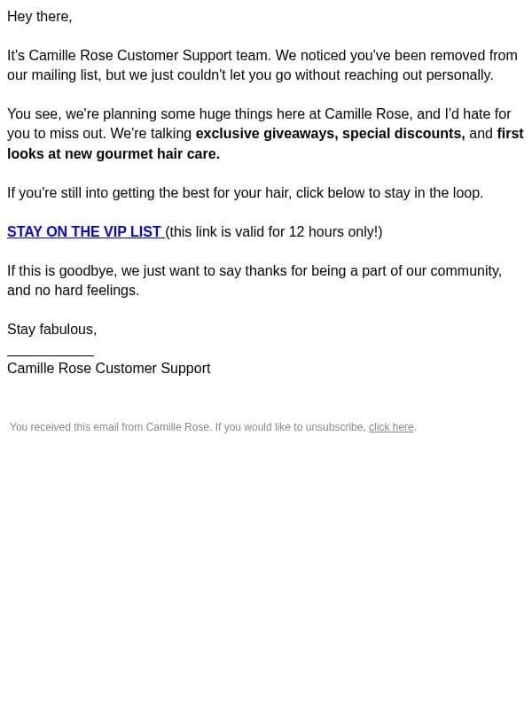 re: our last chat? email from Camille Rose Naturals screenshot