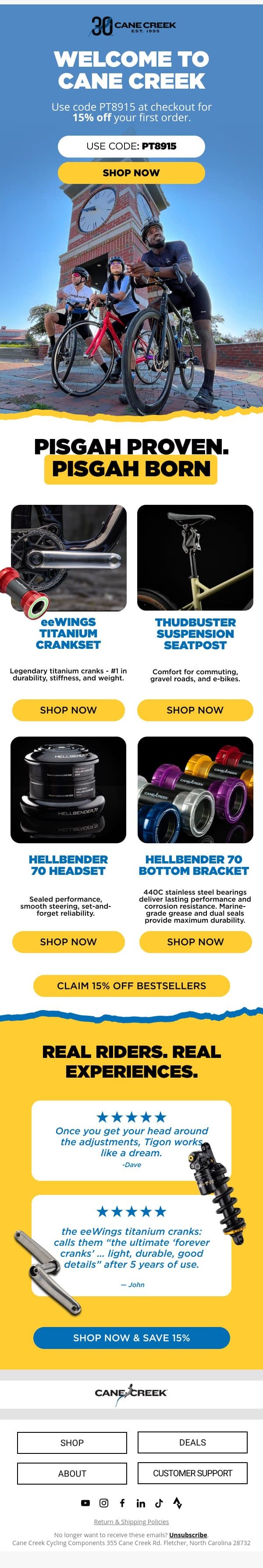 Welcome to Cane Creek (15% inside) email from Cane Creek Cycling Components screenshot