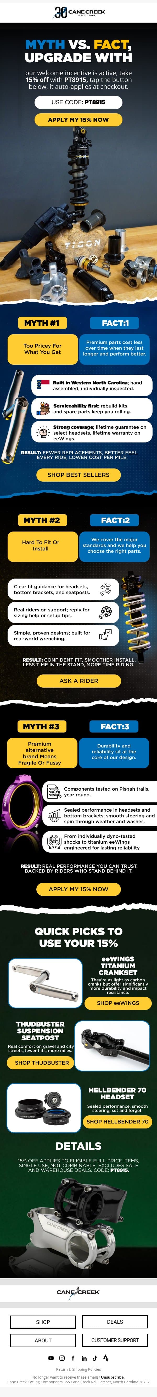 Myth vs. Fact, upgrade with confidence email from Cane Creek Cycling Components screenshot
