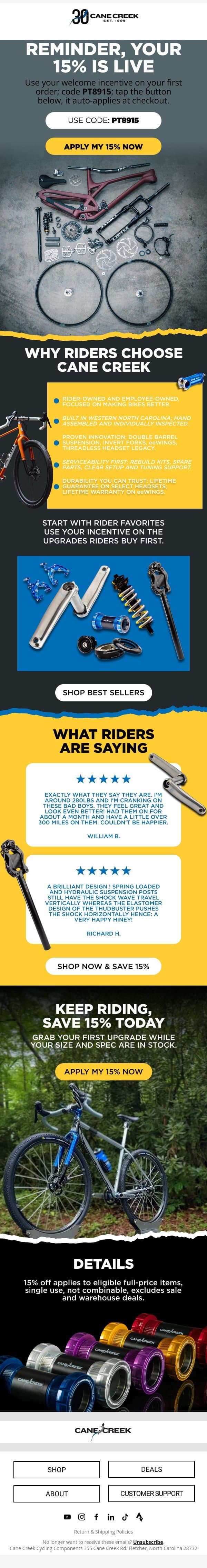 Ready to upgrade, use your 15% email from Cane Creek Cycling Components screenshot