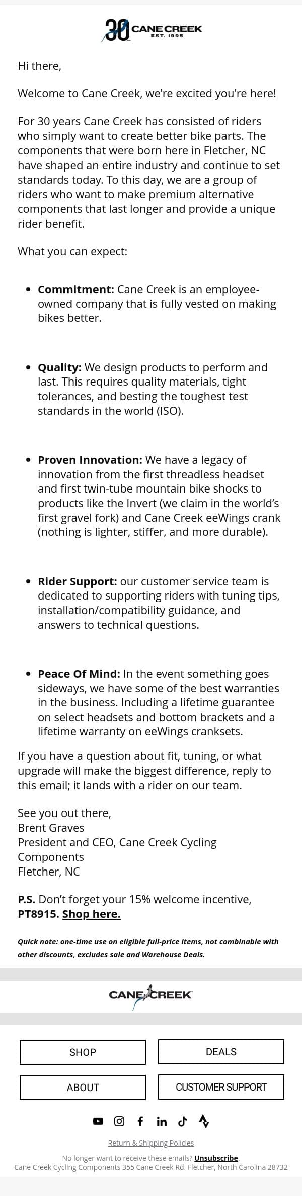 A quick hello from Cane Creek (15% inside) email from Cane Creek Cycling Components screenshot