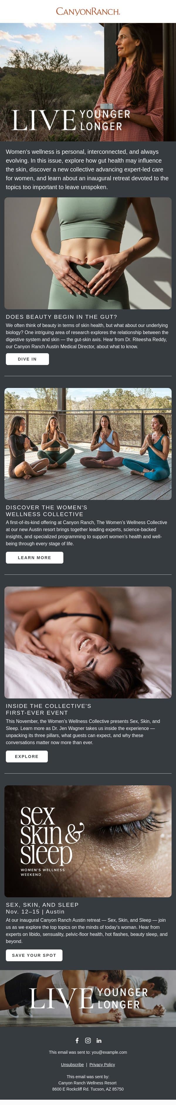 What Connects Gut Health, Skin, and Sleep? email from Canyon Ranch screenshot