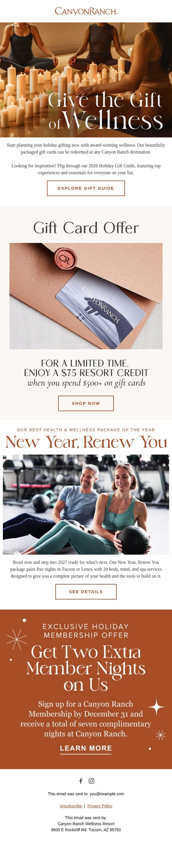 Holiday Gifting Starts Now email from Canyon Ranch screenshot