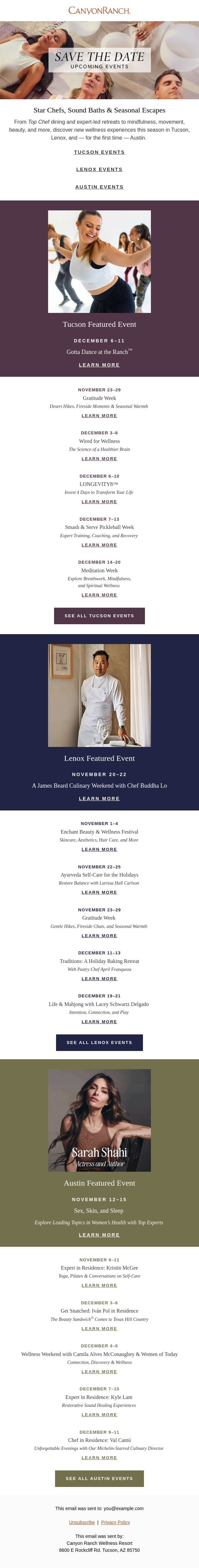 Upcoming Wellness Events email from Canyon Ranch screenshot