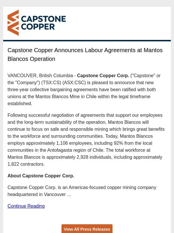 Capstone Copper Announces Labour Agreements at Mantos Blancos Operation email from Capstone Copper