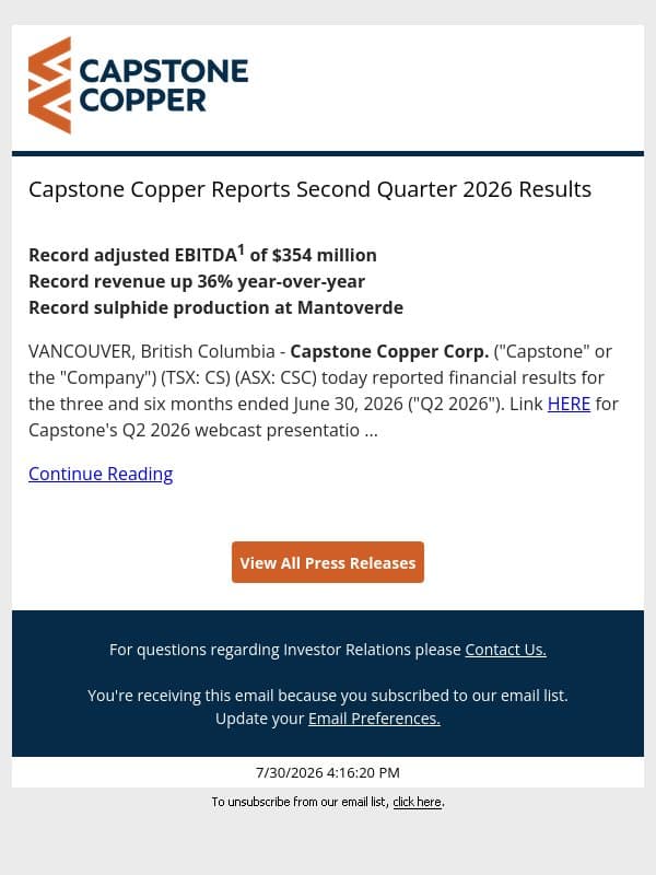 Capstone Copper Reports Second Quarter 2026 Results email from Capstone Copper