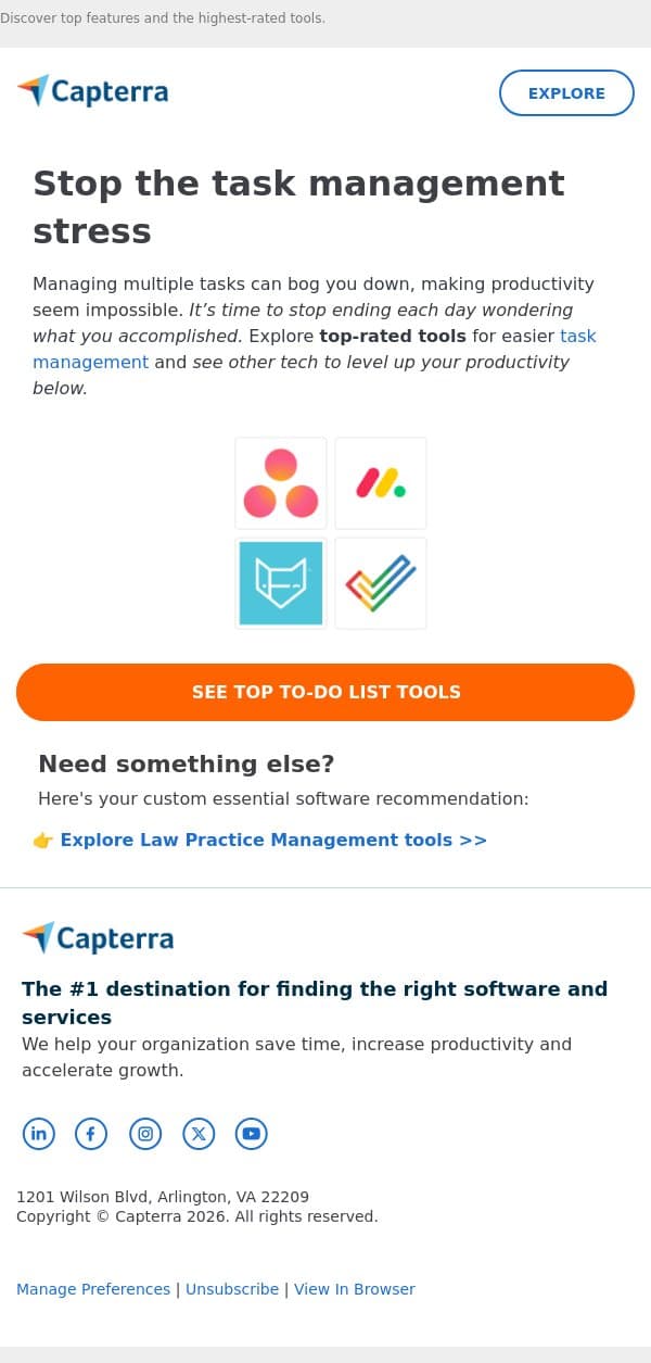 😟 Overwhelmed by tasks? We’ve got solutions email from Capterra screenshot