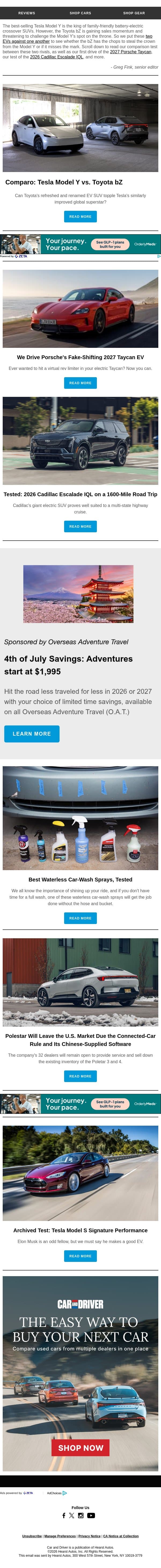 Comparo: Tesla Model Y vs. Toyota bZ email from Car and Driver screenshot