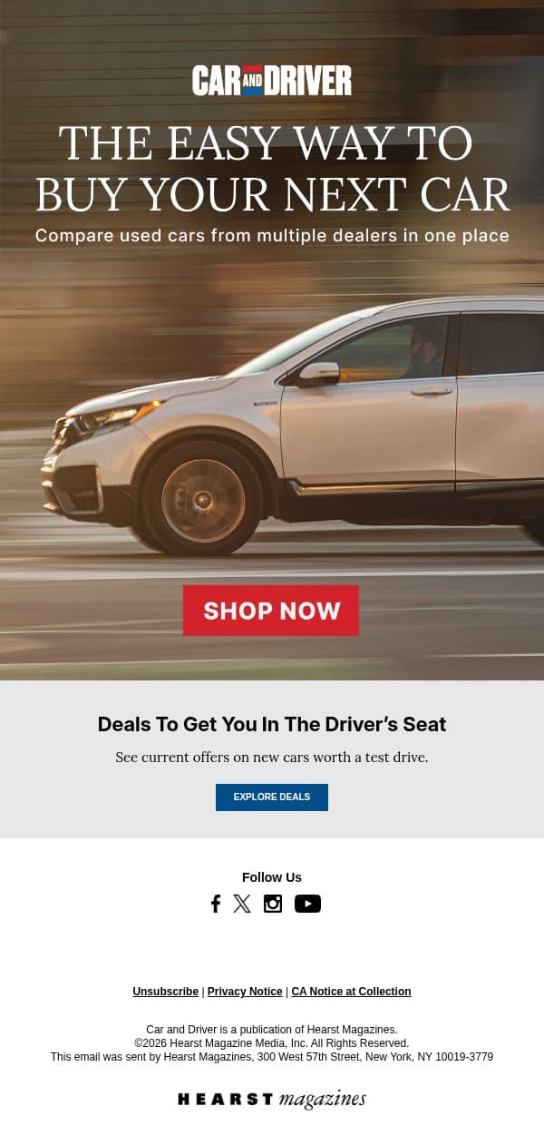 Shop Top-Rated Used Cars Side by Side email from Car and Driver screenshot