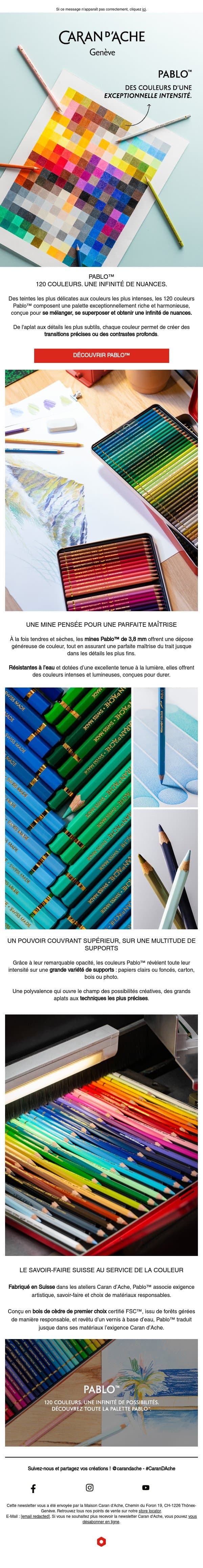 Pablo™ 120 couleurs. Une infinité de nuances. email from Caran d'Ache screenshot